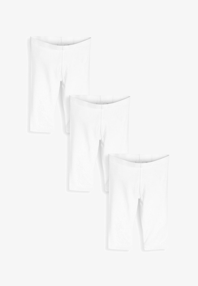 Drei Paar weiße Baumwollleggings, knöchellang mit einem glatten Bund und einem eleganten, schlichten Design, das eine weiche, gleichmäßige Textur zeigt.