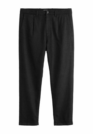 Black trousers made of smooth fabric, featuring a straight leg design, front pleats, and a button closure. Simple clean lines and no patterns.