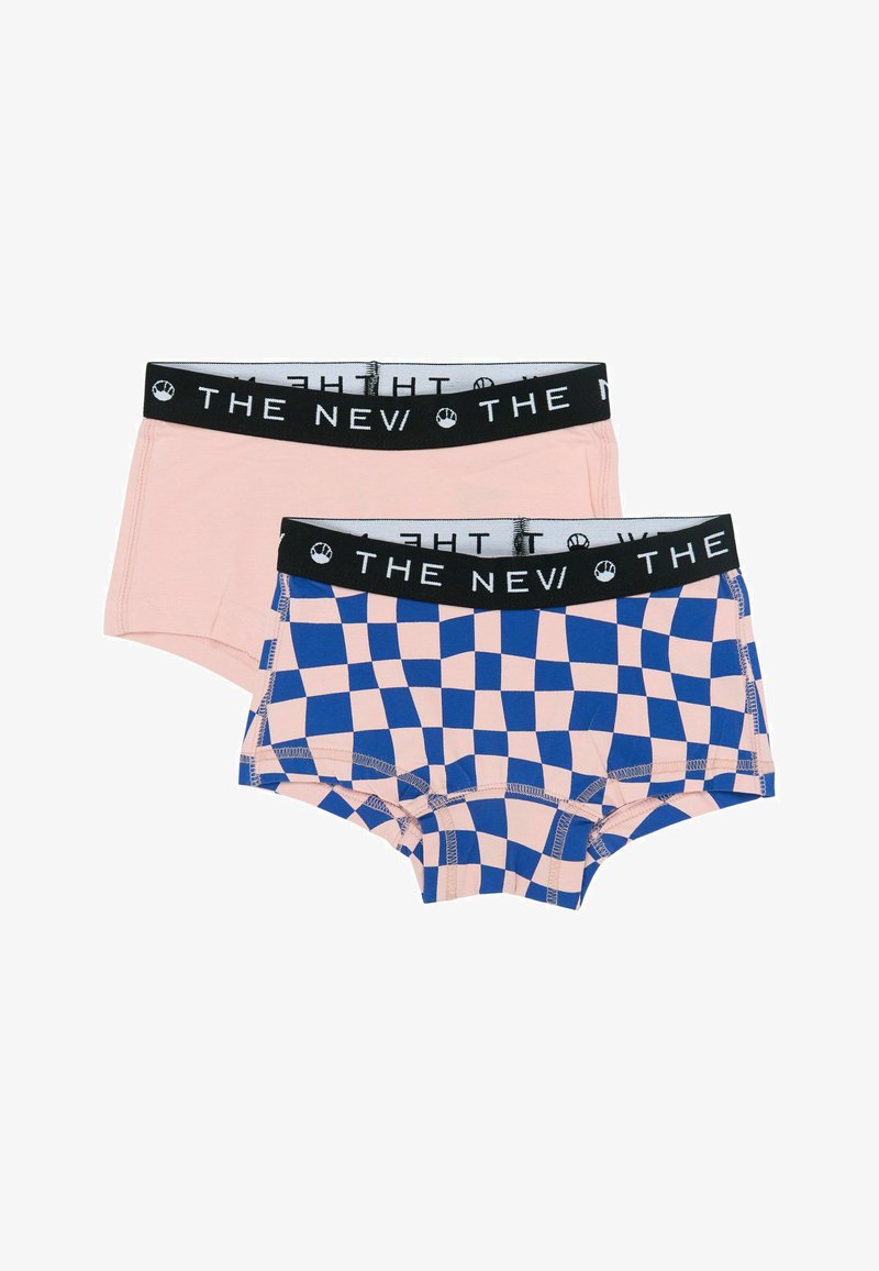 Deux culottes garçon : une en rose clair, l'autre en motif à carreaux bleu et rose. Les deux ont une ceinture élastique noire avec logo.