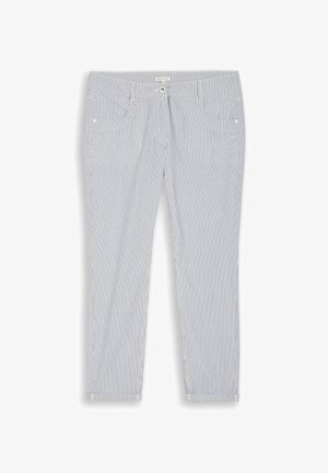 Hellgraue Hose mit dünnen weißen vertikalen Streifen, Knopf- und Reißverschluss, Taschen vorne und hinten sowie umgeschlagene Säume.