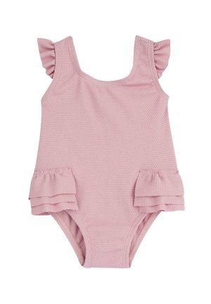 Różowy teksturowany strój kąpielowy dla malucha z falbankami na rękawkach i podwójnymi falbankami na biodrach.