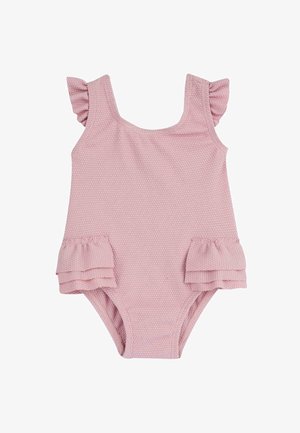Różowy teksturowany strój kąpielowy dla malucha z falbankami na rękawkach i podwójnymi falbankami na biodrach.