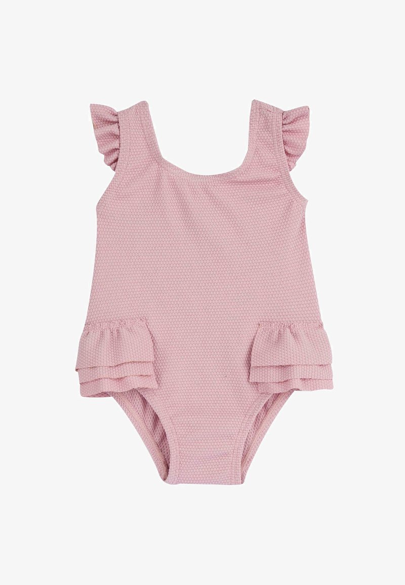 Maillot de bain pour tout-petit rose avec texture, manches à volants et volants doubles aux hanches.