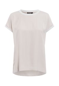 Light beige short-sleeve T-shirt with a round neckline and contrasting white trim. Made from soft fabric, featuring a relaxed fit and curved hem.