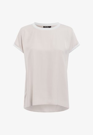 Light beige short-sleeve T-shirt with a round neckline and contrasting white trim. Made from soft fabric, featuring a relaxed fit and curved hem.