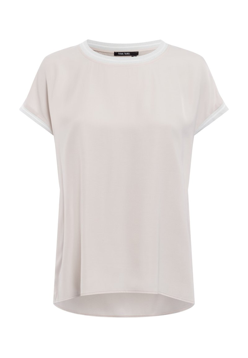 Light beige short-sleeve T-shirt with a round neckline and contrasting white trim. Made from soft fabric, featuring a relaxed fit and curved hem.