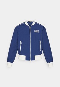 Navy bomber jacket with white accents, featuring a front zip, two side pockets, and ribbed cuffs and hem. Includes a logo patch.