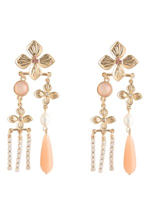 Gold-tone floral drop earrings with pink and white stones, pearls, and peach teardrop pendants, featuring dangling crystal strands.