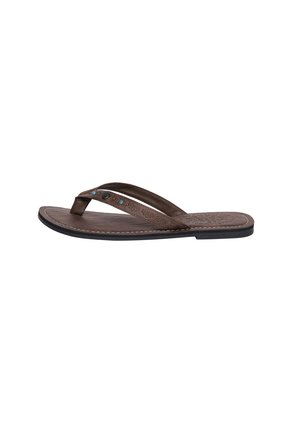 Brun læder flip-flop sandal med dekorativ syning, præget fodsårs mønster og små farvede perler på remmen.