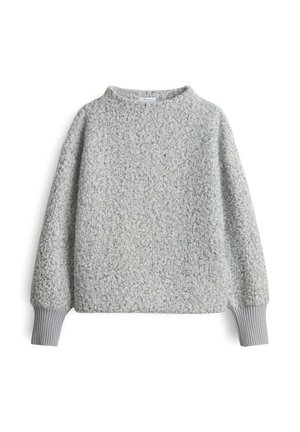 Fuzzy lichtgrijs truitje met een ronde hals en ribbelige grijze manchetten. Zachte textuur met een losse pasvorm en een minimalistisch design.