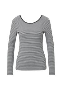 Langärmliges Shirt mit Rundhalsausschnitt, aus dehnbarem Stoff mit schwarz-weißen horizontalen Streifen. Akzentuierter Ausschnitt in solidem Schwarz.