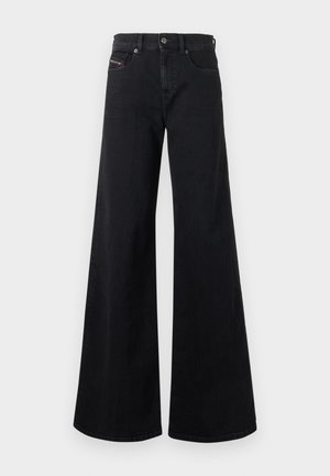 Jeans pretos de perna larga feitos de ganga, com cintura alta, fecho de botão, bolsos frontais e detalhes mínimos de costura.