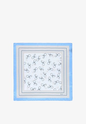 Selyemsál világoskék szegéllyel, bonyolult fekete és pasztell mintákkal, középen fehér részzel, amely ívelt díszítéseket és vékony csíkokat tartalmaz.