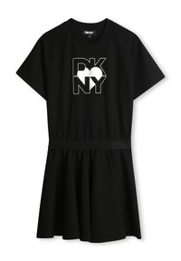 Czarna sukienka t-shirt DKNY z okrągłym dekoltem i krótkimi rękawami. Oferuje biały graficzny logo na piersi oraz dopasowaną talię z rozkloszowanym dołem.