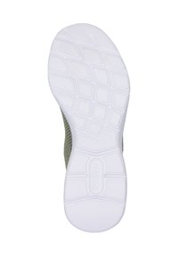 Schoenenzool met een gestructureerde witte rubberen basis, met een patroon voor grip en een lichtgroen gaas bovenwerk bevestigd aan de hak.