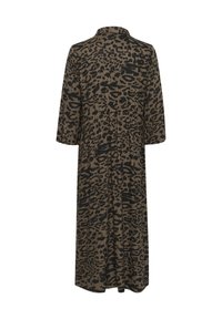Robe longue marron avec un motif léopard noir, dotée d'un col et de manches trois-quarts. Confectionnée dans un tissu texturé avec une coupe décontractée.