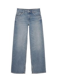 Svijetloplave široke traperice izrađene od denima. Imaju visoki struk, pet džepova i kopčanje na dugme. Tkanina s naglašenim područjima trošenja.