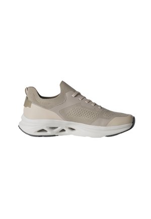 Zapatilla deportiva de punto beige con suela blanca, entresuela acolchada con detalles recortados y cierre con cordones.