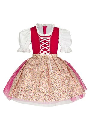Traditionelles Kleid mit rosem Mieder, weißen Puffärmeln und einem floralem Rock. Verfügt über einen schnürbaren Ausschnitt und eine dekorative rosa Tüllüberlage.