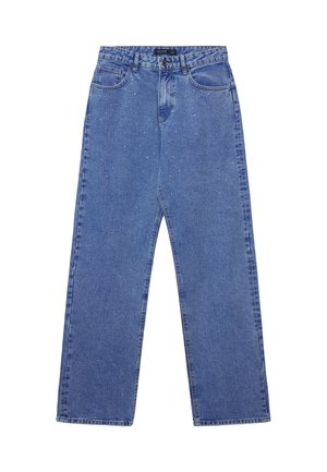 Jeans droits taille haute bleus avec des paillettes argentées, bouton avant, fermeture éclair et design à cinq poches.