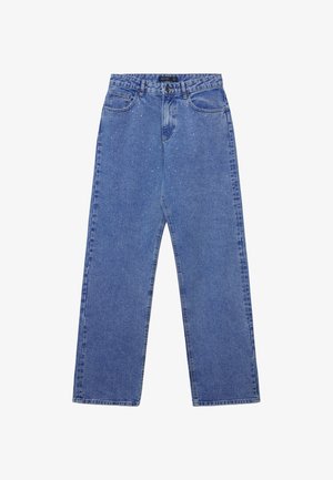 Blue high-waist straight-leg jeans with silver glitter speckles, front button, zipper, and five-pocket design.