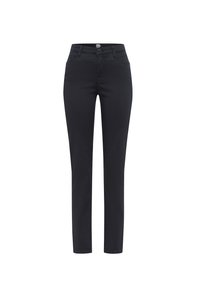 Zwarte slim-fit broek met een klassieke vijf-pocketontwerp en een knoopsluiting, gemaakt van een gladde, rekbare stof.