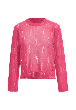 Lyserød strikket sweater med lange ærmer og rund hals. Har et åbent strikmønster med teksturerede bladlignende designs over det hele. Croppet længde.