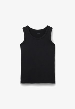 Camiseta sin mangas negra de algodón con escote redondo, vista desde arriba sobre fondo blanco.