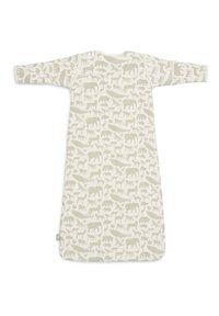 Katoenen slaapzak in lichtbeige met een patroon van verschillende dieren in gedempte tinten. Lange mouwen, ronde halslijn en zachte textuur.