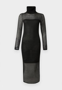 Μακρύ μαύρο διάφανο φόρεμα με μακριά μανίκια, λαιμόκοψη ζιβάγκο και συμπαγή μαύρη φόδρα από το στήθος μέχρι τα μέσα του μηρού.