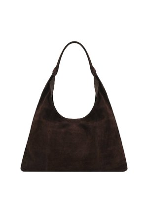 Bolso de hombro de ante marrón oscuro con un cuerpo amplio y estructurado, y un solo asa redondeada. Presenta una textura suave y un diseño minimalista.
