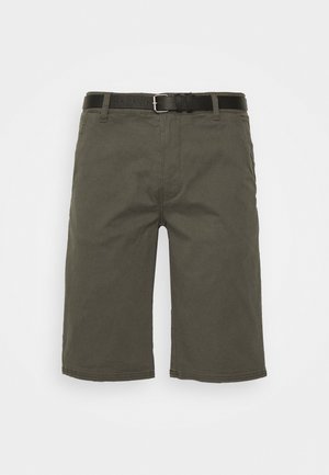 Olive green cotton shorts with a straight cut, featuring a black leather belt and standard pockets at the front and back.