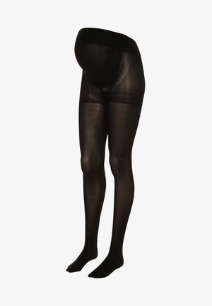 Black maternity tights with a semi-opaque finish, designed with a high waistband for support, featuring reinforced toe and knee areas.