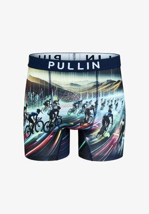 Caleçons boxers pour hommes avec un motif coloré de course de cyclisme et une ceinture marine arborant le nom de la marque "PULLIN" en blanc.