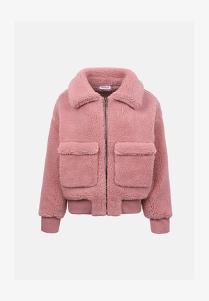Veste en polaire rose avec fermeture éclair sur le devant, deux grandes poches à rabat, poignets et ourlet côtelés, et un large col.