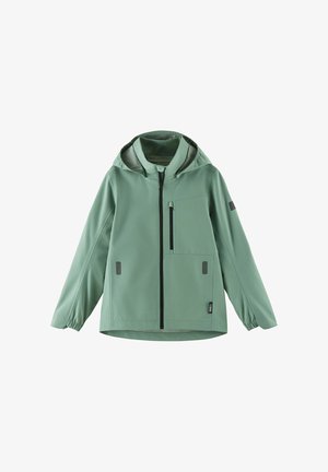 Veste légère, imperméable, à capuche, de couleur verte douce, avec une fermeture éclair noire, des poignets élastiques et une poche poitrine avant. Doublure grise.
