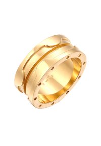 Goldfarbener Ring mit einer glatten, polierten Oberfläche. Er zeichnet sich durch ein einzigartiges, schichtartiges Design mit abgerundeten Akzenten und kleinen kreisförmigen Ausschnitten entlang des Bandes aus.