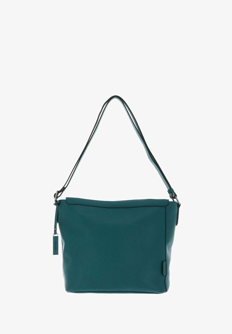 Sac à bandoulière en cuir bleu sarcelle de forme plate, avec une bandoulière réglable unique et une fermeture éclair. Comprend une étiquette décorative discrète. Texture lisse.