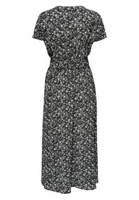 Robe midi noire à manches courtes avec motif floral blanc, dotée d'une taille élastique cintrée, vue de dos.