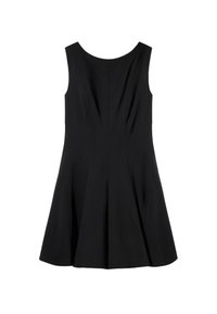 Svart ärmlös klänning med en åtsittande överdel och utsvängd kjol. Har ett mjukt tyg, rund halsringning och subtila sömdetaljer.