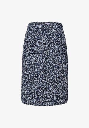 Marineblaue Rock mit einem Blattmuster in hellblauen Farbtönen, elastischem Taillenbund und geradem Schnitt.