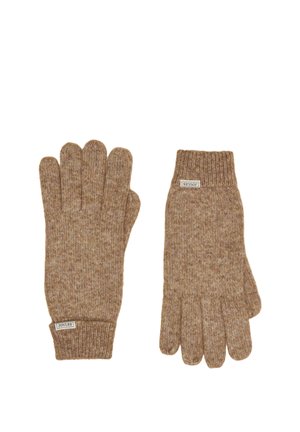 Pair of brown knitted wool gloves with ribbed cuffs and small "Joules" brand labels on each glove.