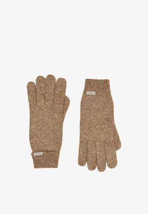 Paar braune gestrickte Wollhandschuhe mit gerippten Bündchen und kleinen "Joules" Markenetiketten an jedem Handschuh.