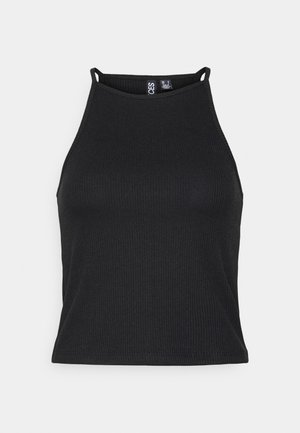 Haut court noir à côtes avec un col montant et de fines bretelles. La texture est lisse et ajustée, avec un ourlet sans coutures pour une finition propre.