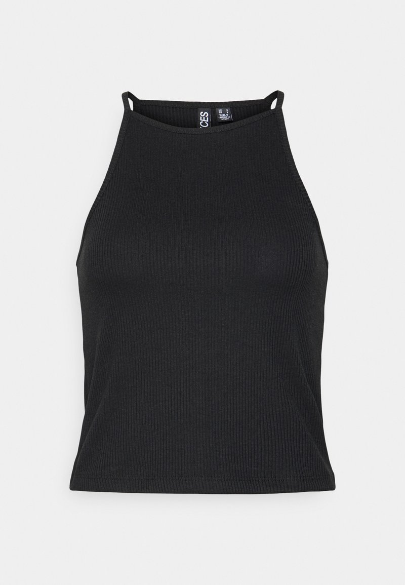 Haut court noir à côtes avec un col montant et de fines bretelles. La texture est lisse et ajustée, avec un ourlet sans coutures pour une finition propre.