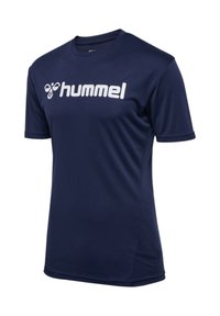 Donkerblauw sportshirt van lichtgewicht stof, met korte mouwen en een wit "hummel" logo aan de voorkant.