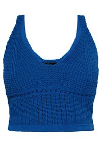 Strikket blå bralette med scoop-halsudskæring, tekstureret mønster og brede stropper. Har skiftende rækker af åbent og solidt strik.