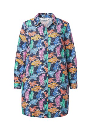 Skjorte med lange ærmer og knapper med farverigt gepardprint i blå, grøn, pink, orange og gul på en mørk baggrund.