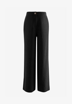 Zwarte wijde broek gemaakt van lichte stof. Bevat een knoop aan de voorkant, een gladde textuur en een op maat gemaakte tailleband voor een comfortabele pasvorm.