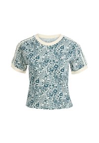 T-shirt a maniche corte con motivo floreale in verde e crema, dotato di collo rotondo e dettagli a costine sulle maniche e sull'orlo. Materiale in misto cotone.